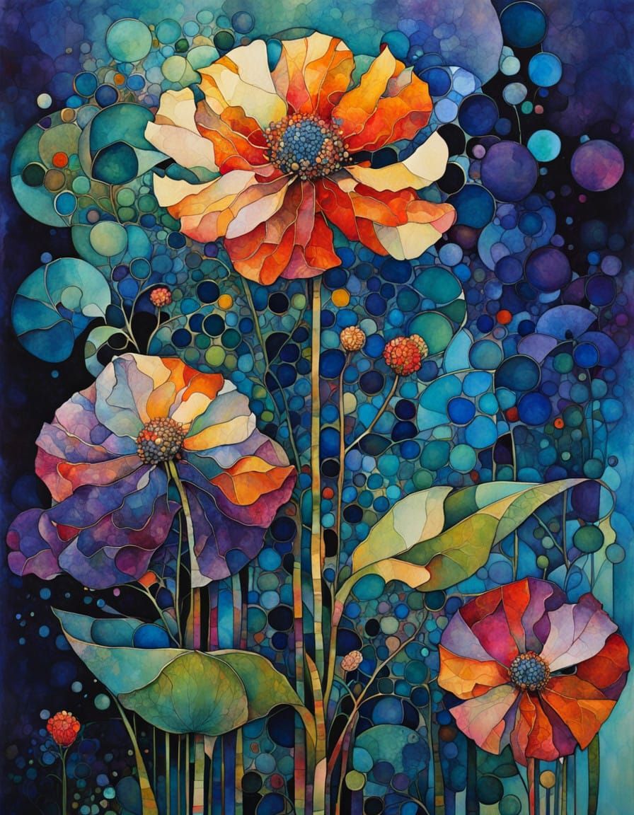 Intricate Flower Abstract in Vibrant Cubist Style