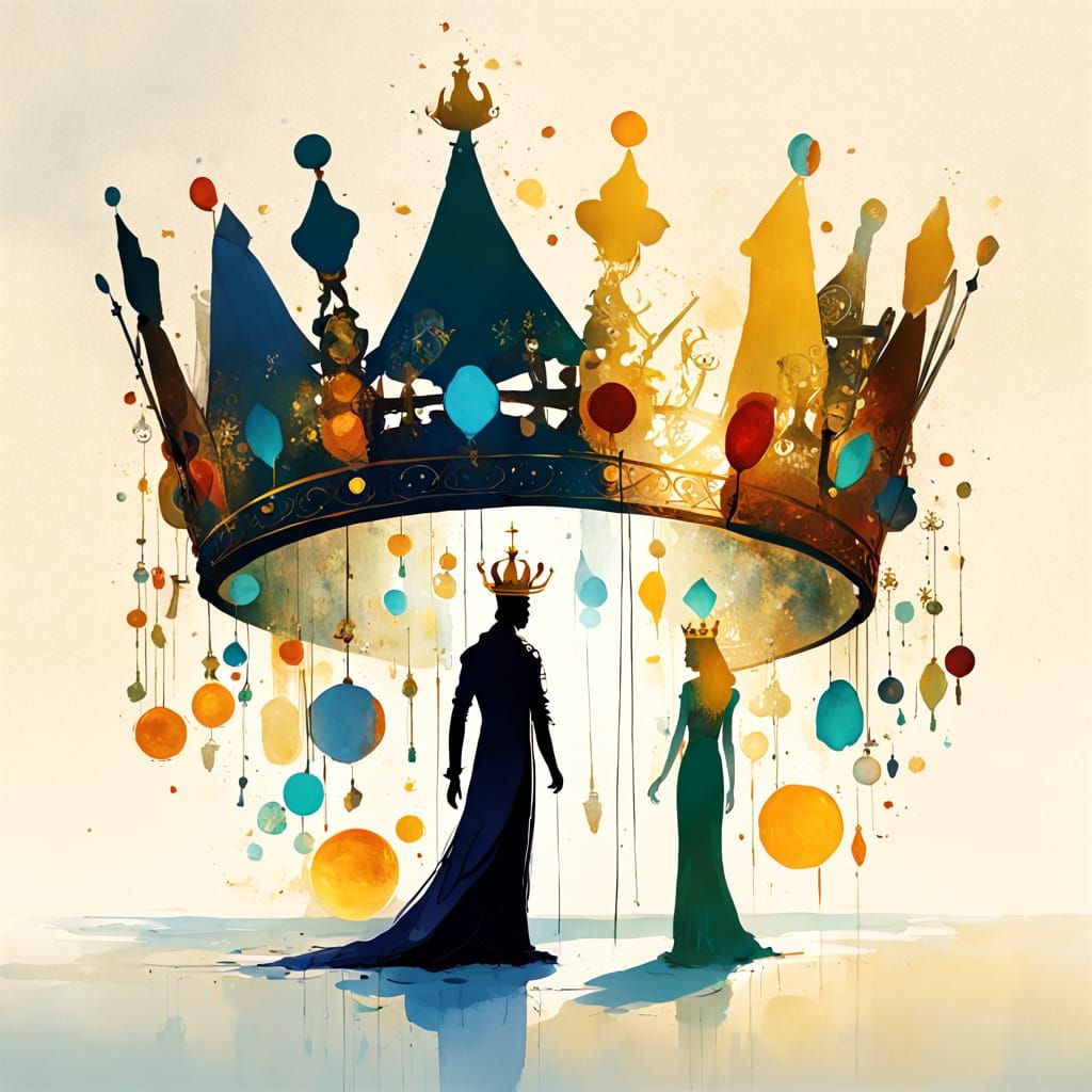 Regal Monarchs Admire Intricate Crowns in Luminous Fantasy A...