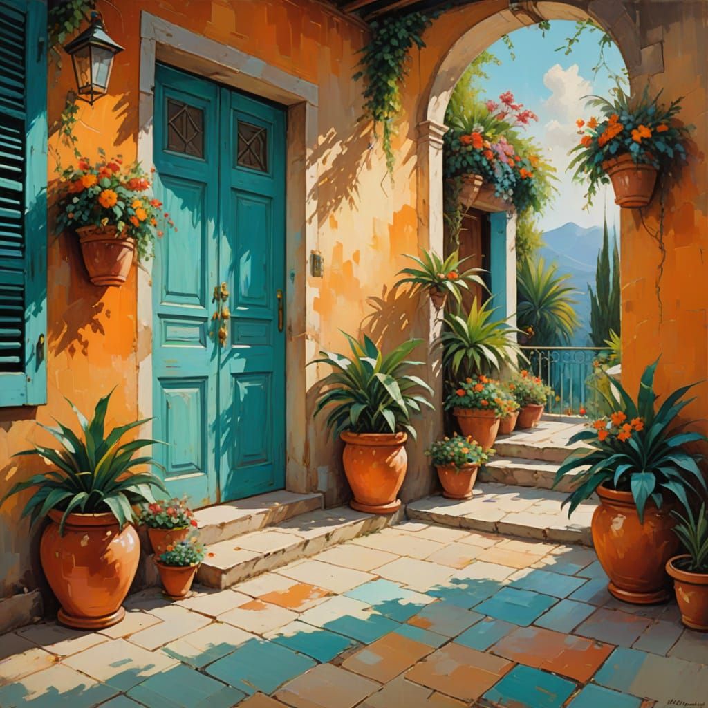 Turquoise Door to a Tropical Balcony: Impressionist Oil Pain...