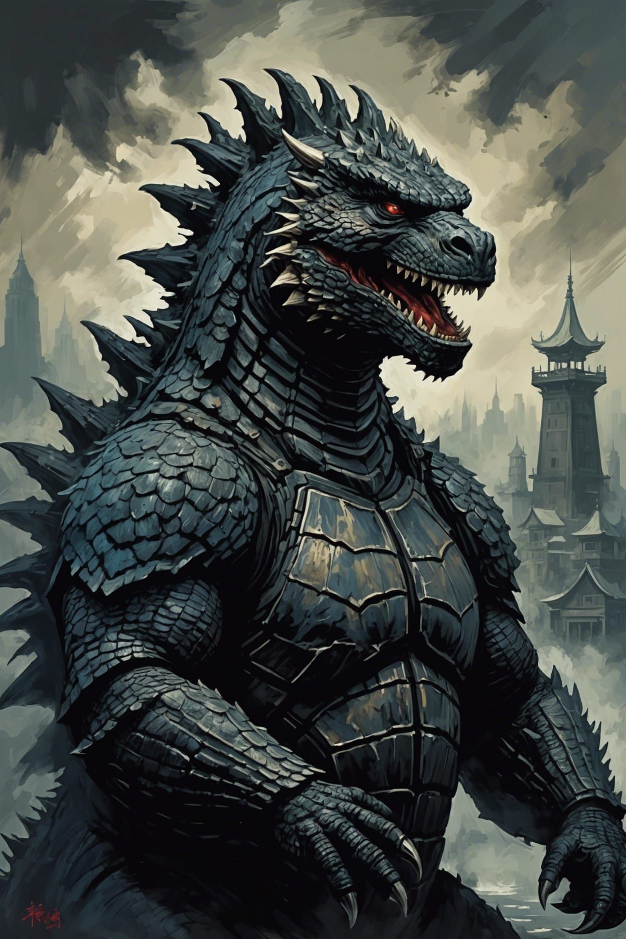 Godzilla in Victorian Style Oil Painting