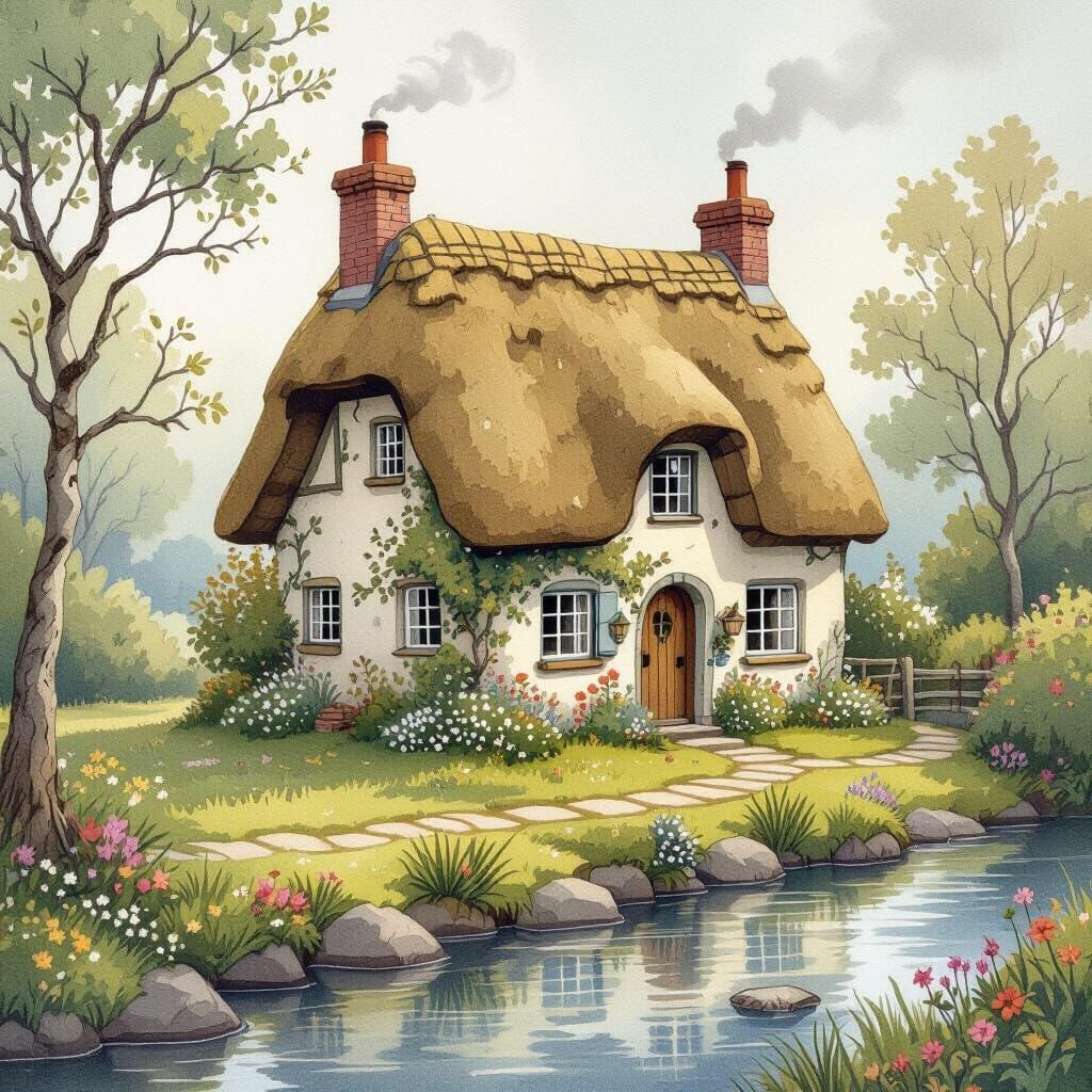 A quaint, moss-covered cottage nestled beside a gently flowing river, with smoke curling lazily from the chimney, painte...