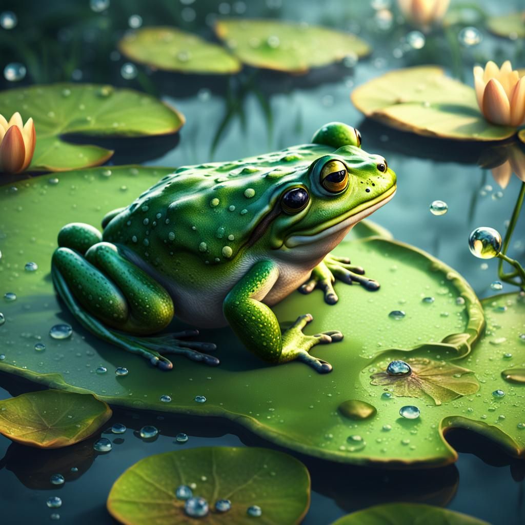 Green Frog on Lily Pad: Detailed Matte Painting