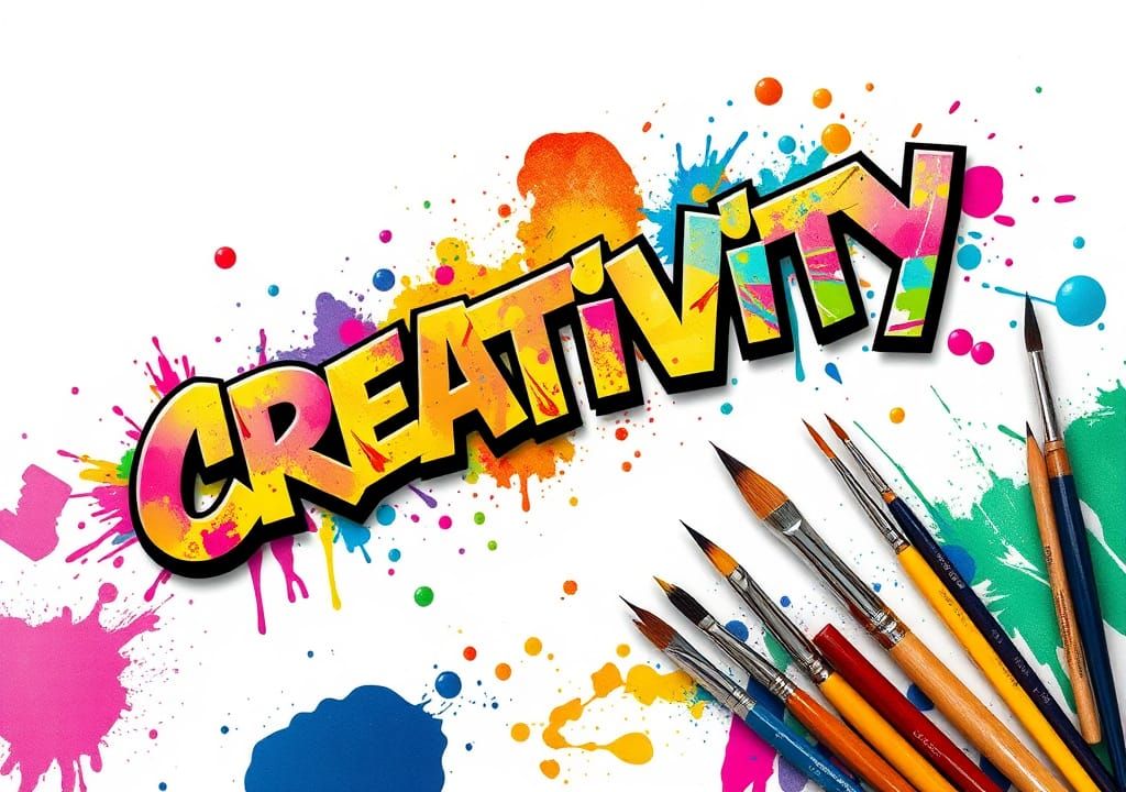Colorful 3D Graffiti "CREATIVITY" Logo with Ink Splatters