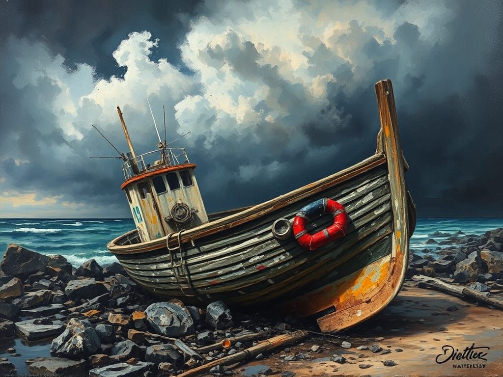 Weathered Boat on Rocky Shore as Oil Painting