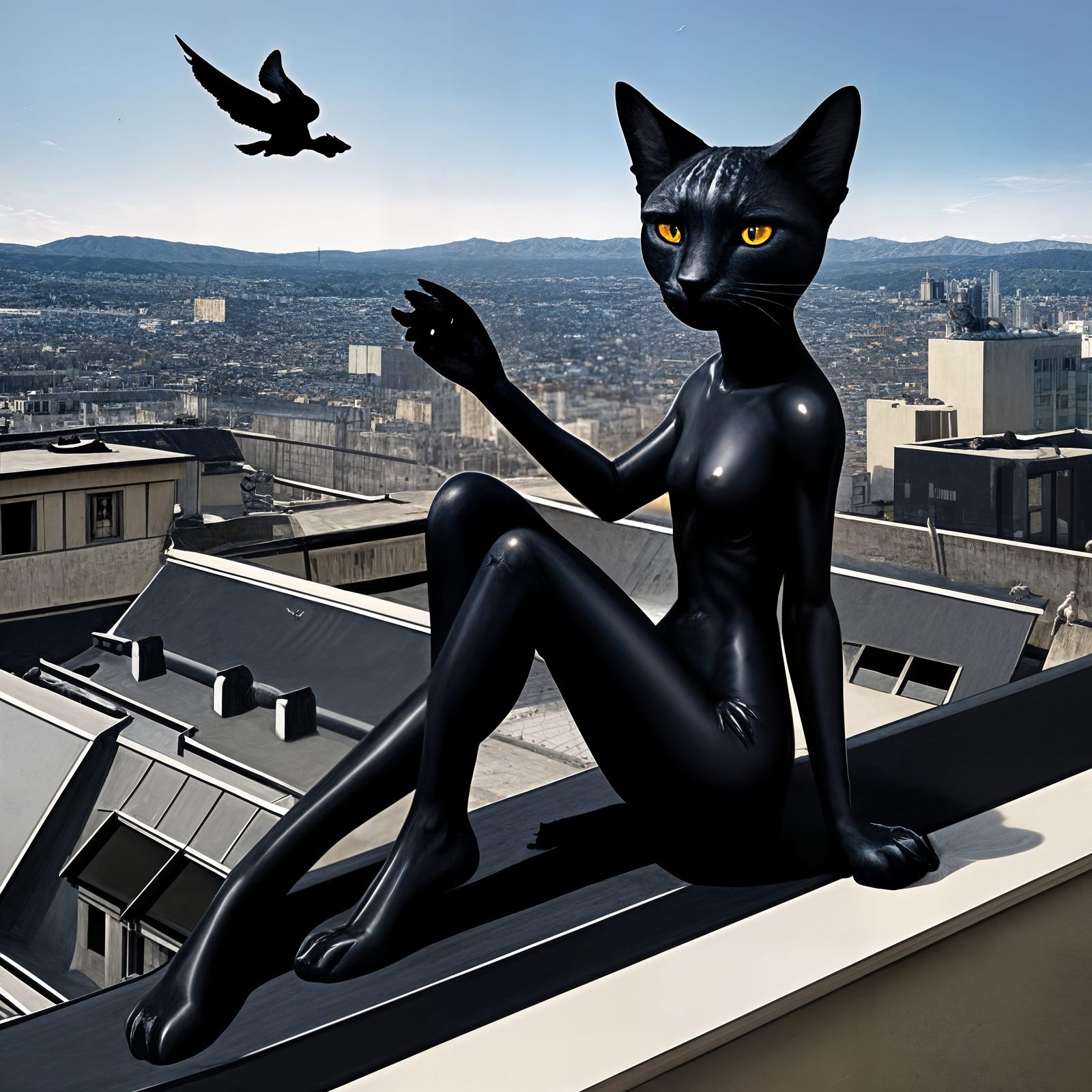 Surreal Feline Angel Sits Cross-Legged on Rooftop
