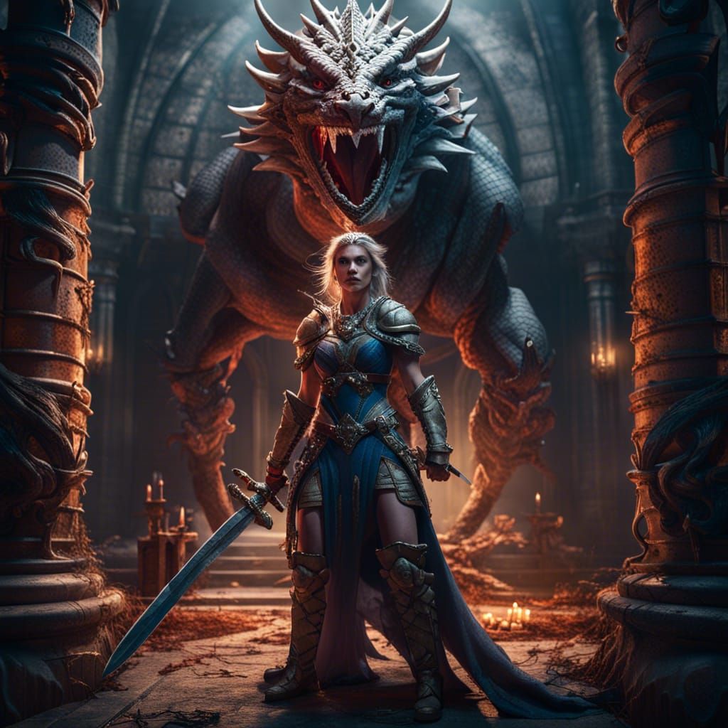 Warrior Princess Fighting Dragon in Dungeon