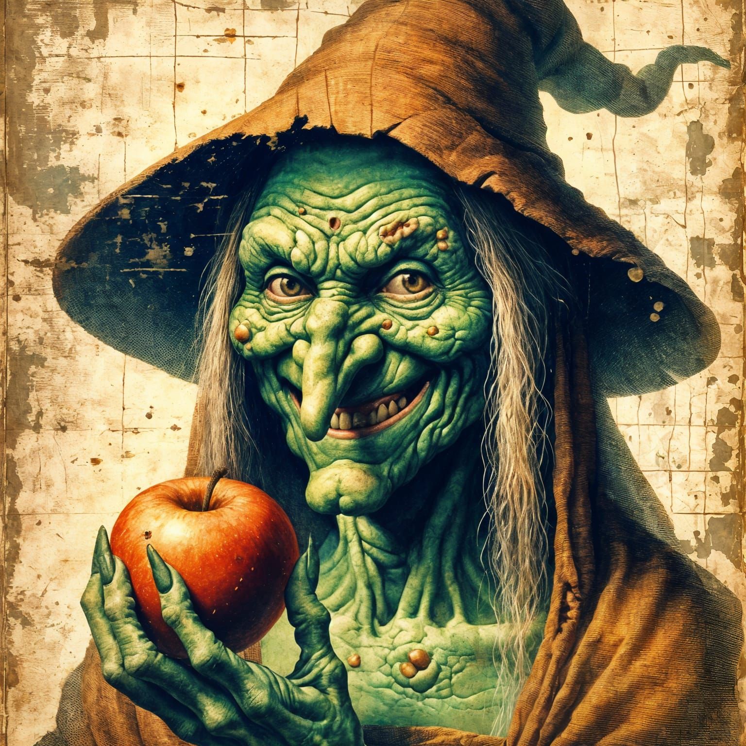 Green-Skinned Witch with Apple in 19th Century Style