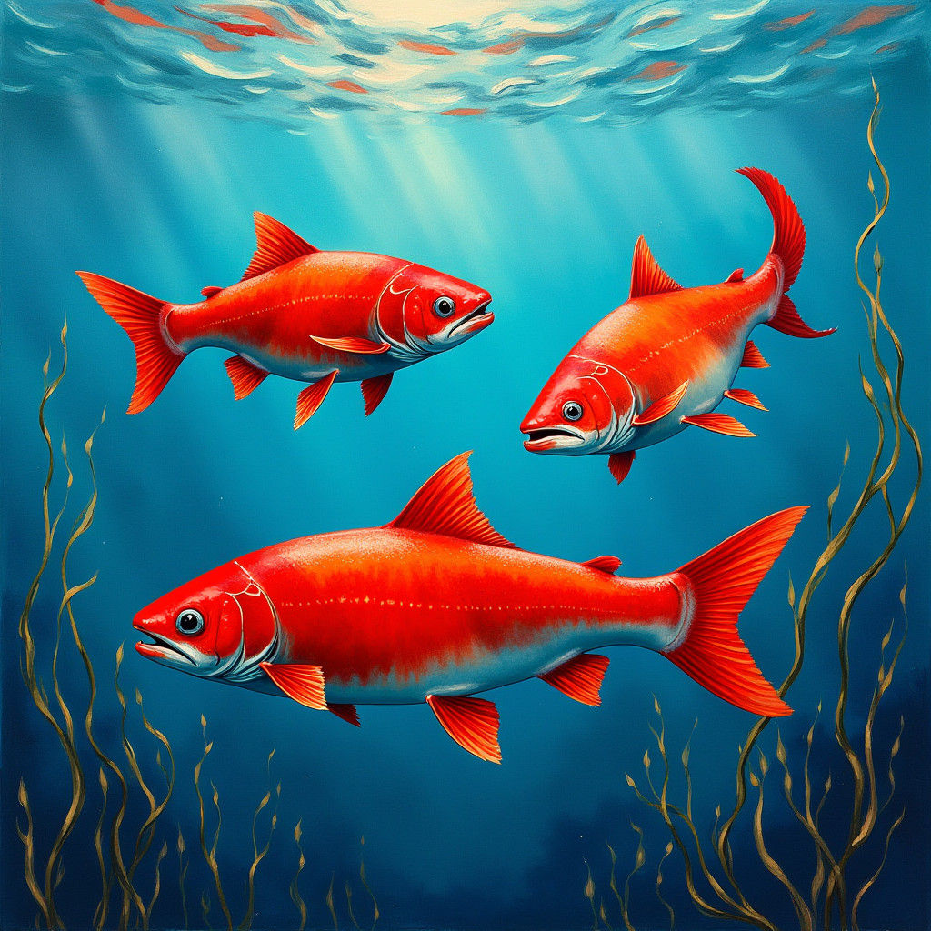 Salmons Swimming Underwater in Gouache Painting Style