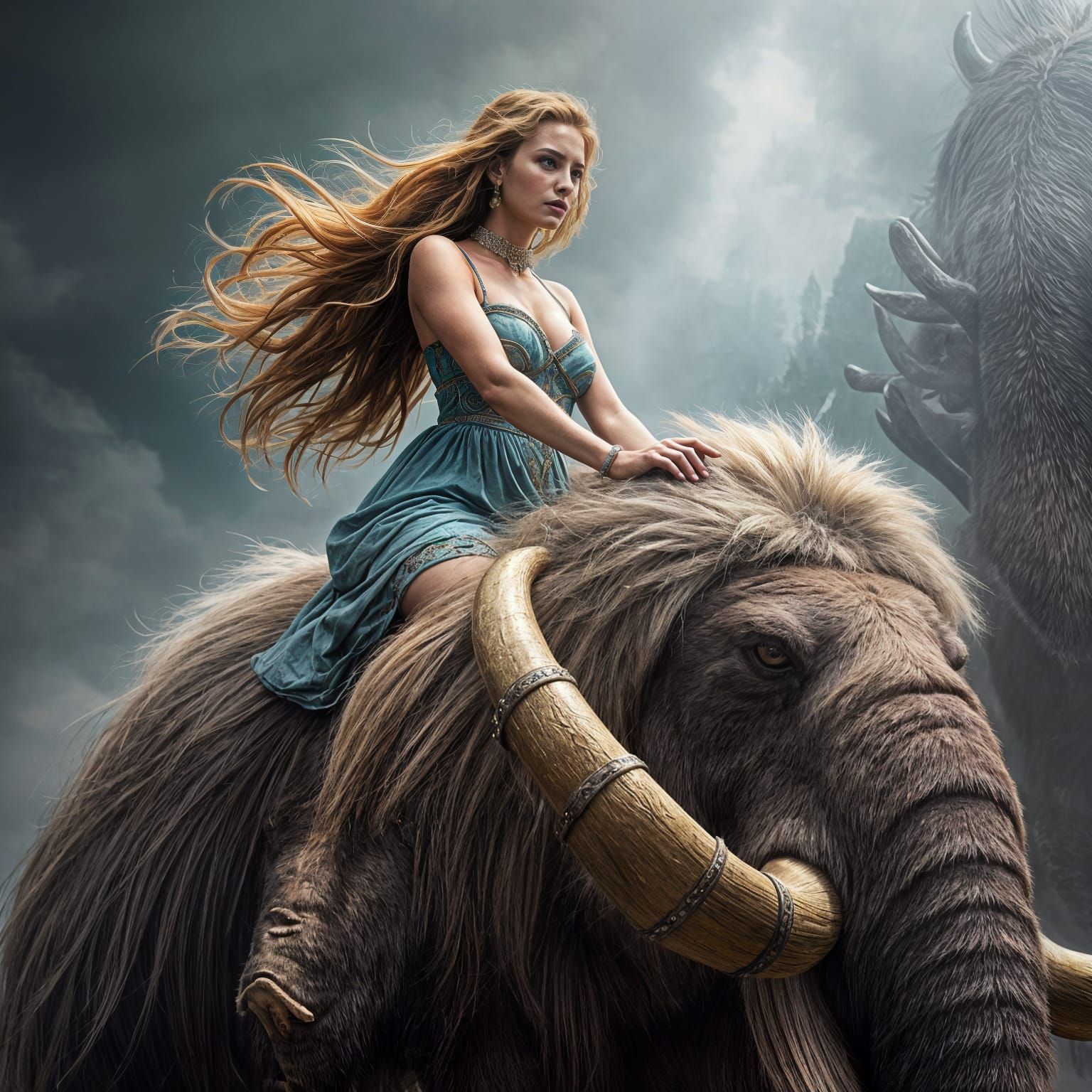 Woman Rides a Woolly Mammoth in Hyperrealistic Style