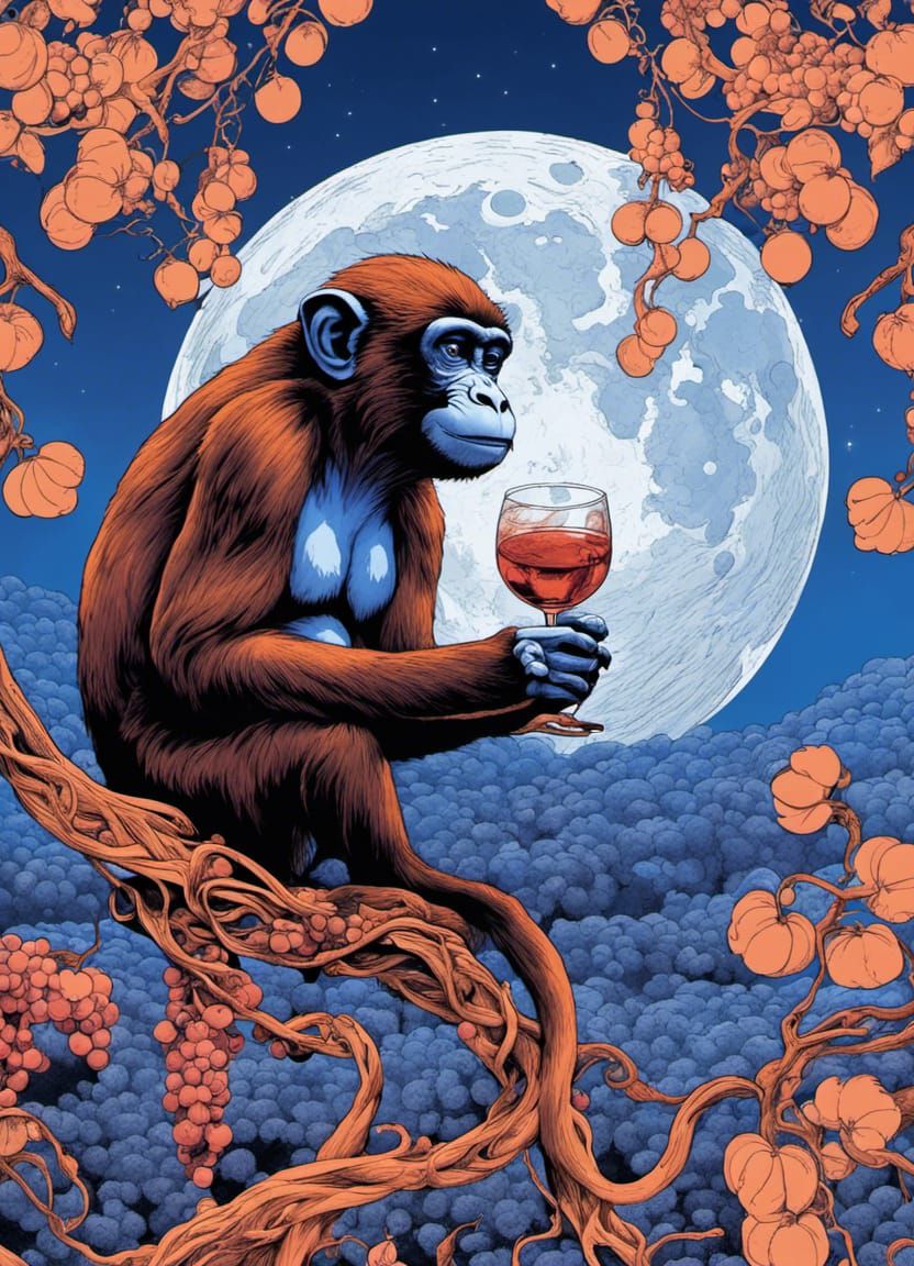Monkey Meditating in Vineyard With Wine, Detailed Illustrati...