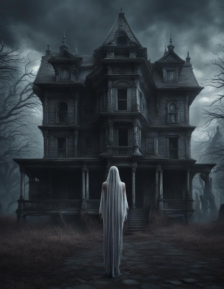 spooky horror house with bare chested ghost woman 8k resolut...