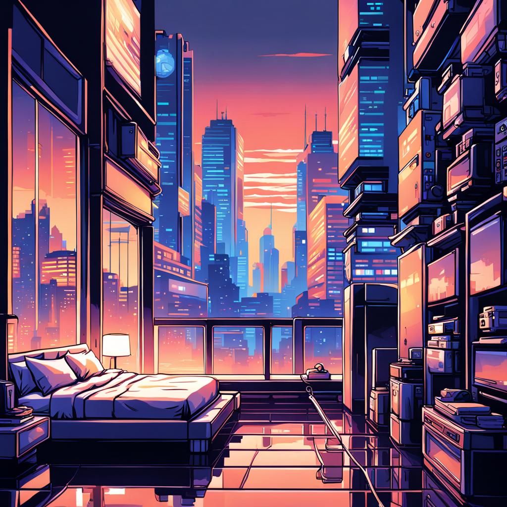 8-Bit Pixel Bedroom Overlooking a Retro-Futuristic City
