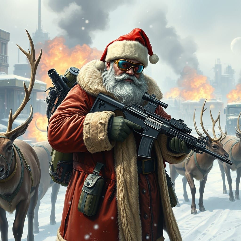 Cyberpunk Santa Claus Battles in a Wrecked City