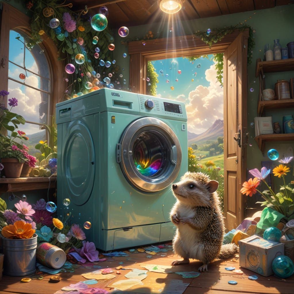 Whimsical Washing Machine Angel with Hedgehog Companion