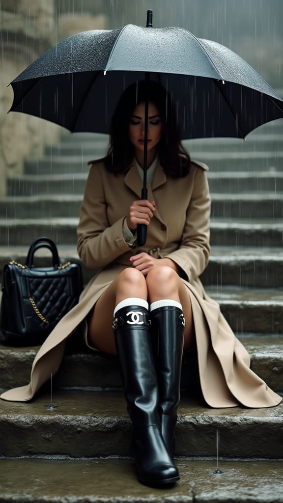 Elegant Woman in Rain, Cinematic Fashion Scene