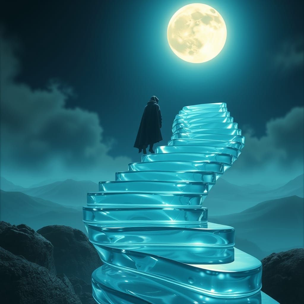 Liquid Glass Staircase to the Moon in Surrealist Style