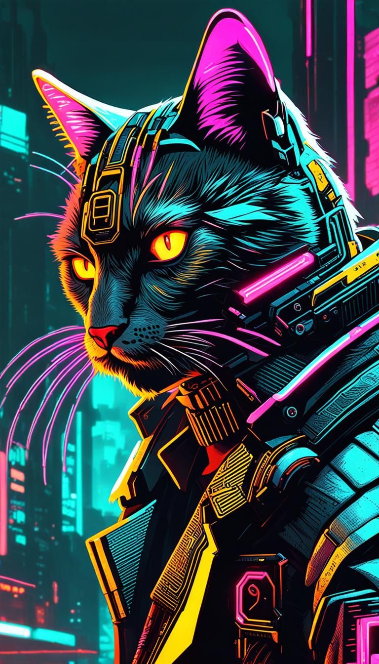 Cyberpunk Cat in Neon Cityscape