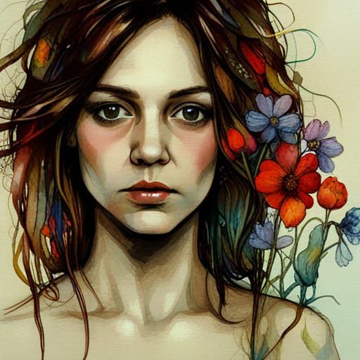 Girl with Wildflowers in Comic Art Style