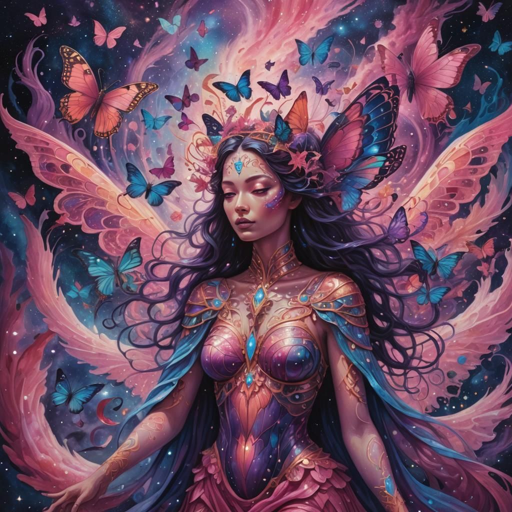 Surrealist Butterfly Queen Reigns in Cosmic Whirlwind