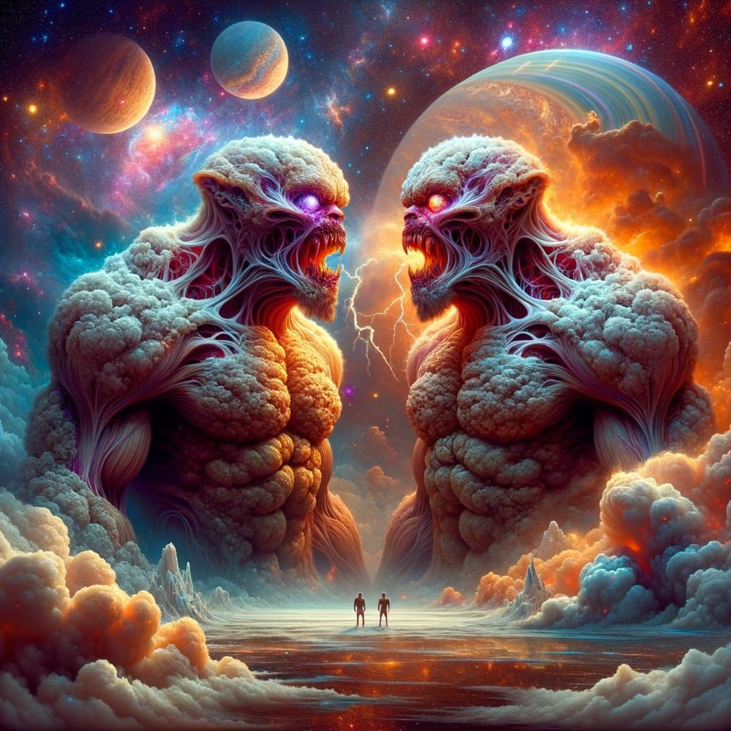 Conjoined Werewolf Titans in a Celestial Storm