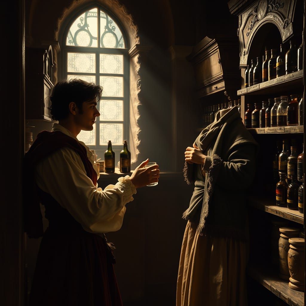 Romeo Buys Poison in a Chiaroscuro-Inspired Apothecary Scene