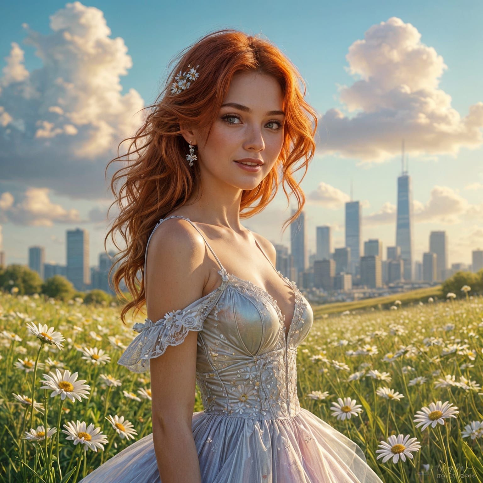 Redhead in Daisy Field, Hyperrealistic Digital Art
