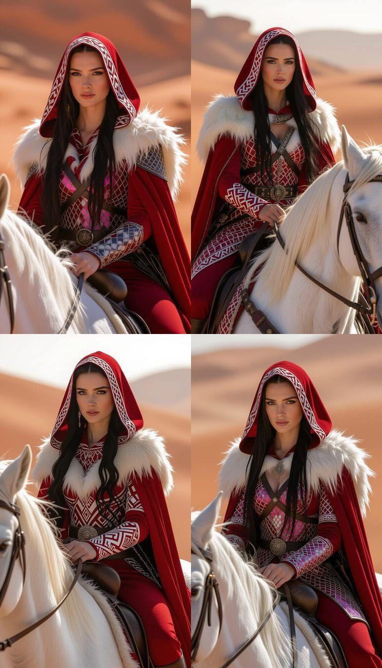 Woman in Tribal Hood Rides Horse in Red Desert