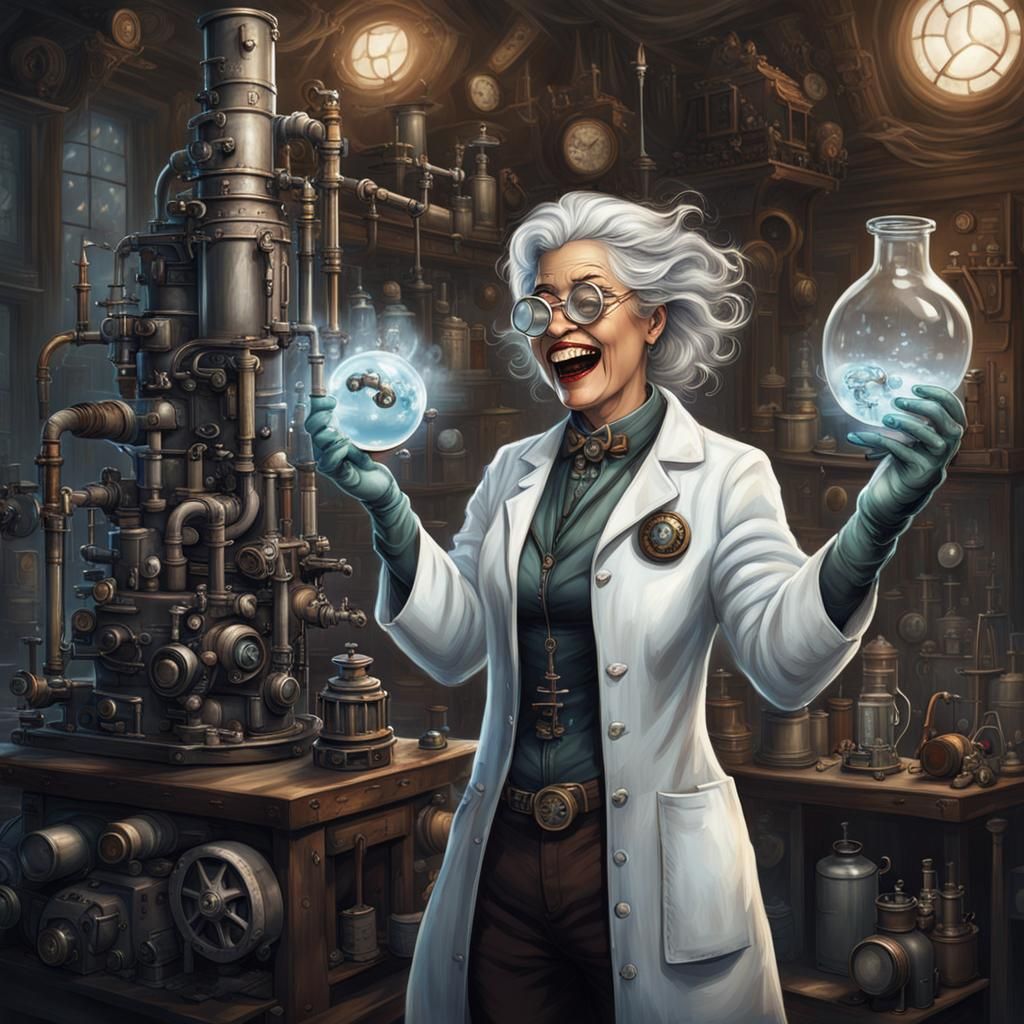 Wild woman with gray hair in lab coat, with beaker in her hand, laughing maniacally, epic, detailed, dark, lightening ou...