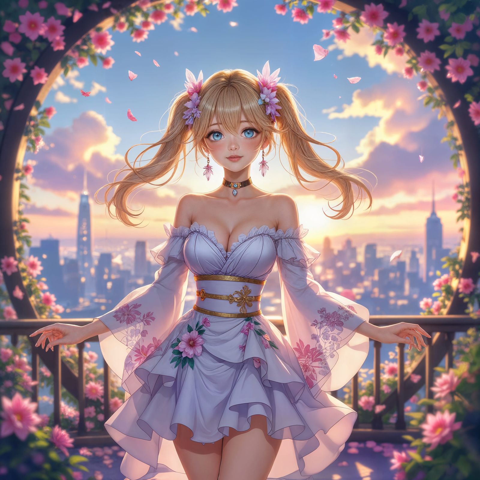 Anime Songstress on Petal-Lit Skybridge Garden at Dawn