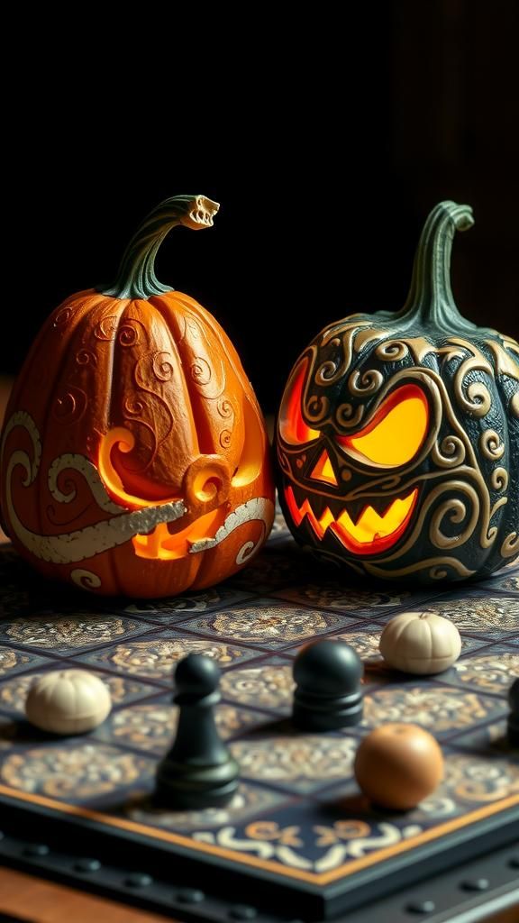Decorated Gourds And carved Jack O  Lantern on chess board a...