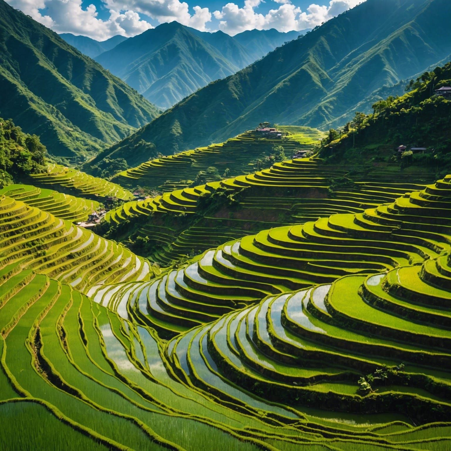 Panoramic Rice Terraces Reflecting Emerald Mountains