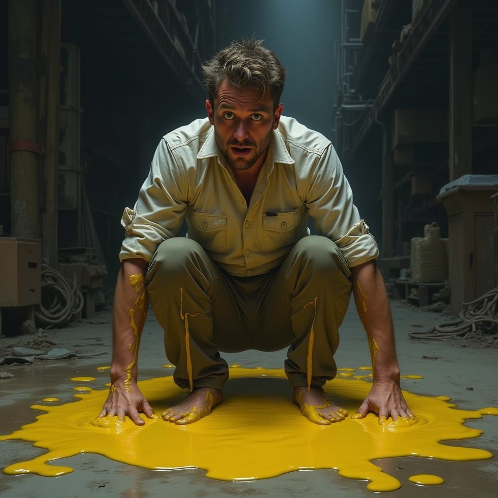 Distressed Man Stuck in Glue Puddle in Industrial Warehouse