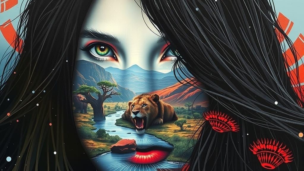 Surreal Lion in Serengeti Sunset Landscape