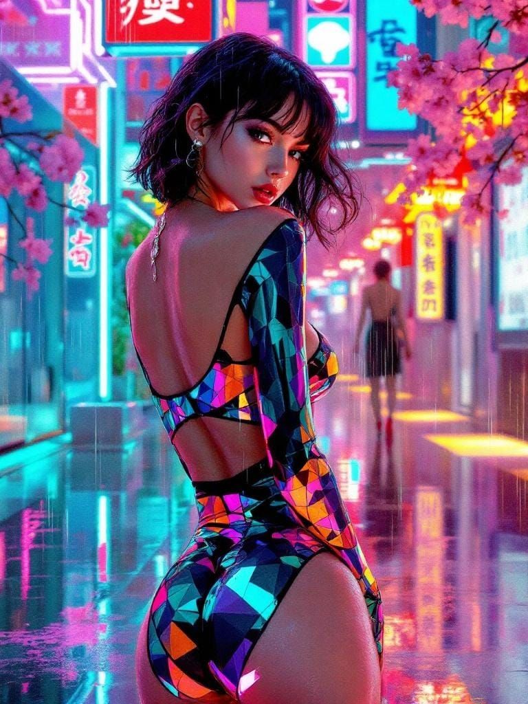 Cyberpunk Pin-Up in Chrome and Neon, Geometric Abstraction