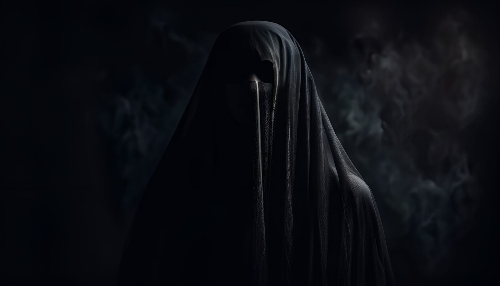 Eerie Ghost in Black Veil on Dark Background
