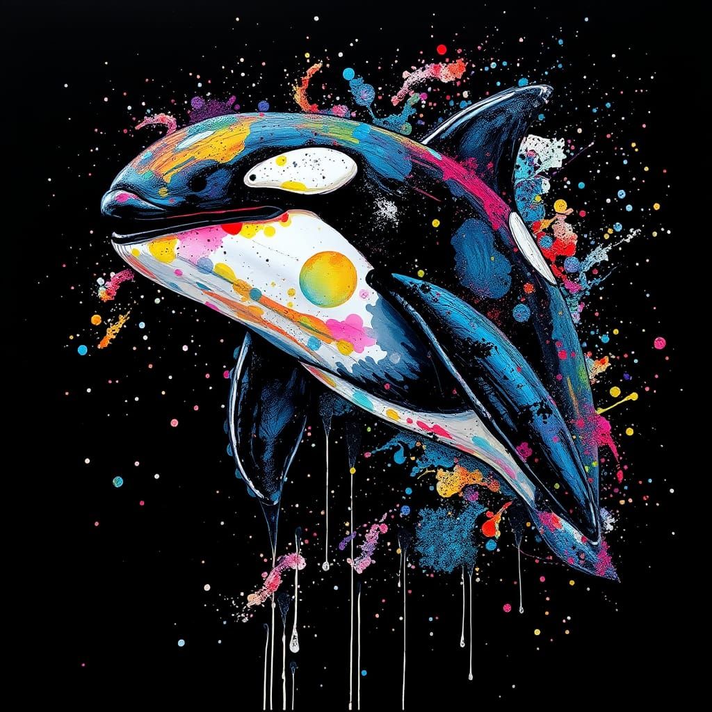 Iridescent Orca in Watercolor Ink Splatter Style