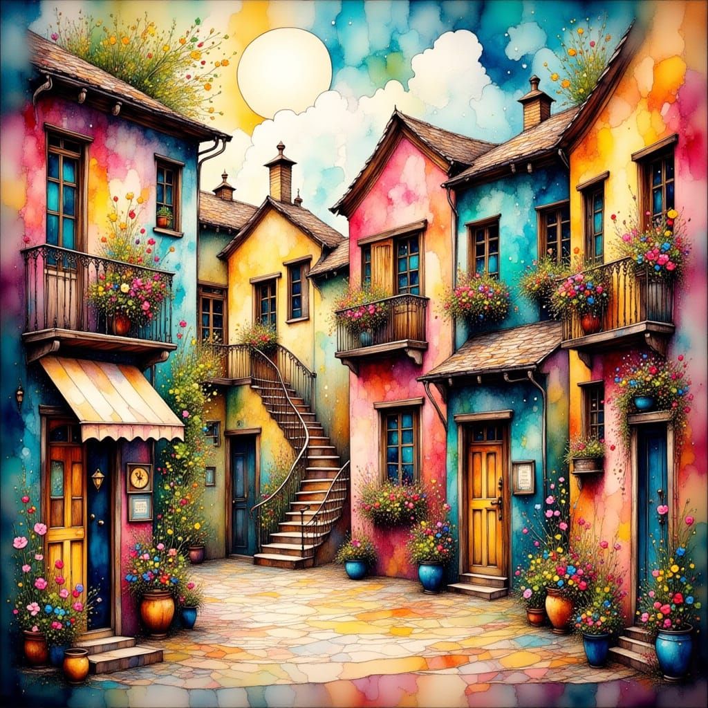 Vibrant Town Square Houses with Whimsical Balconies