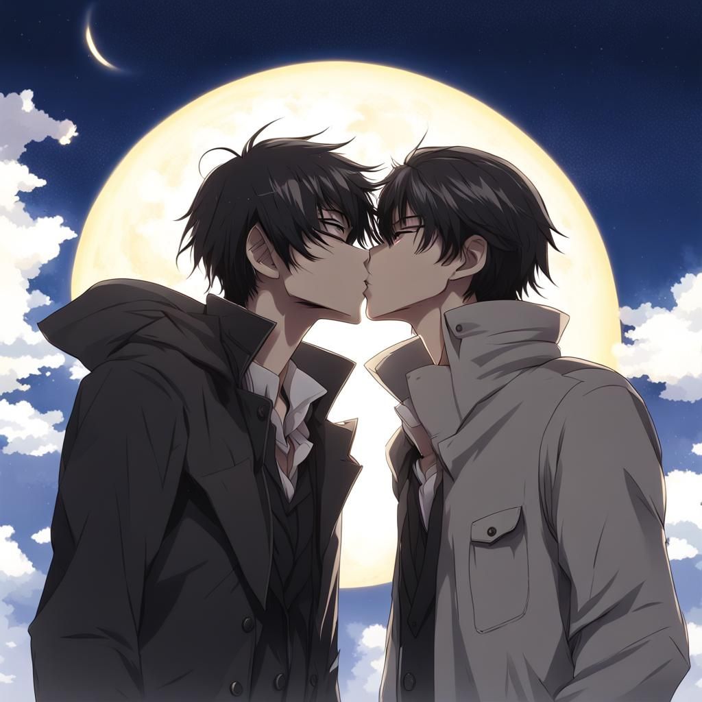 Men Kissing Under Eclipse in Anime Style