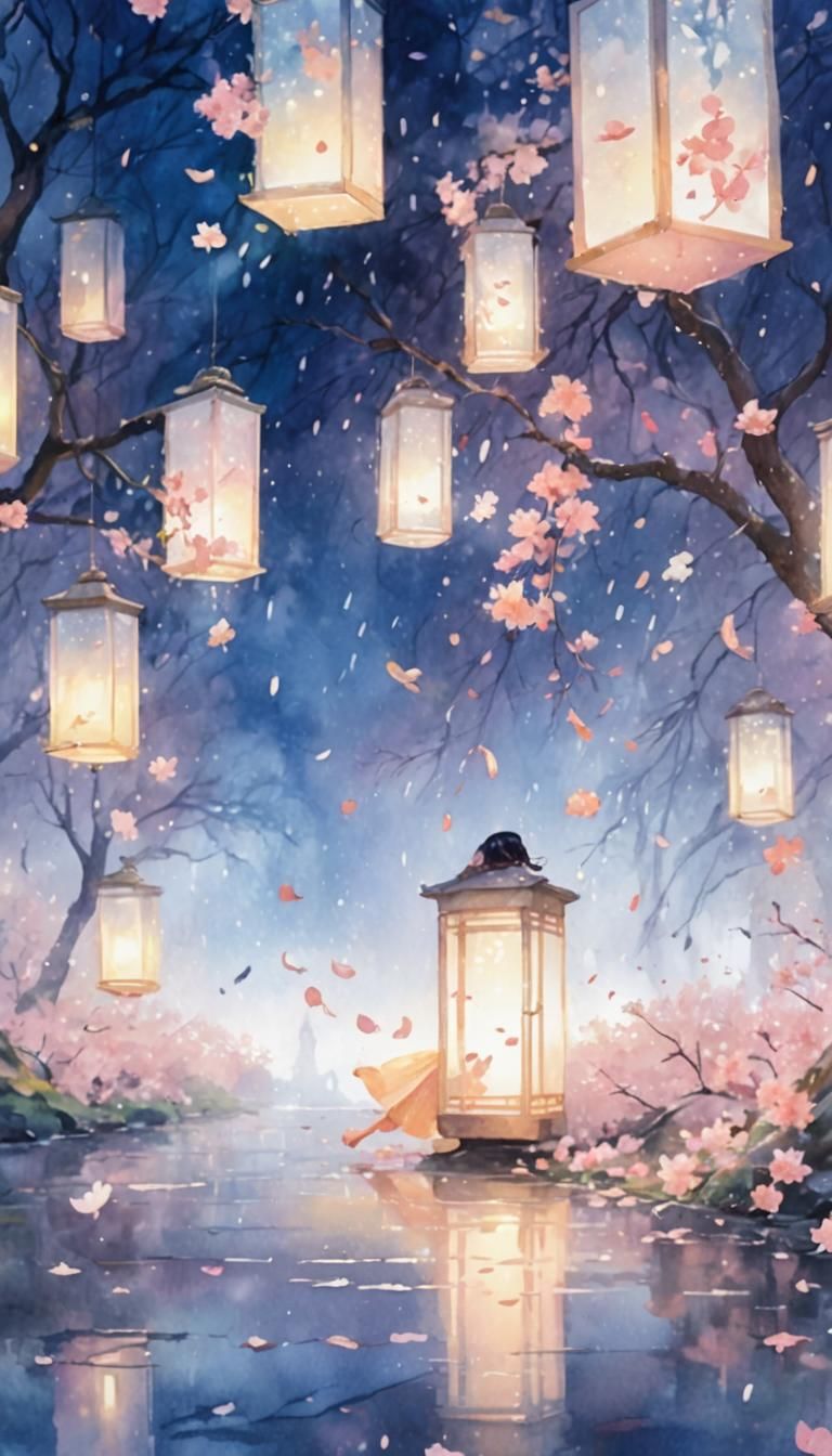 Woman Dancing in Cherry Blossoms: Watercolor Style