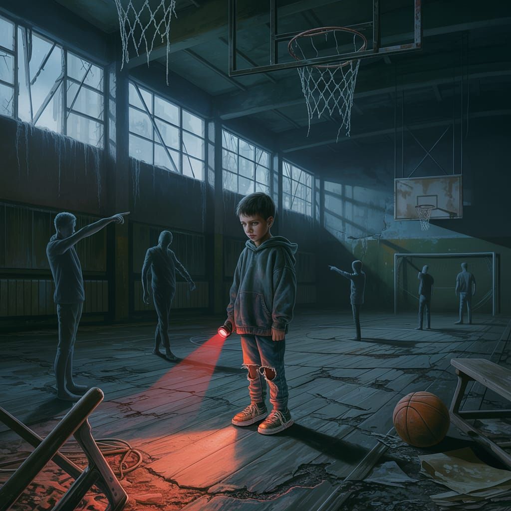 Abandoned Gym: Solitary Boy in Hyper-Realistic Digital Art