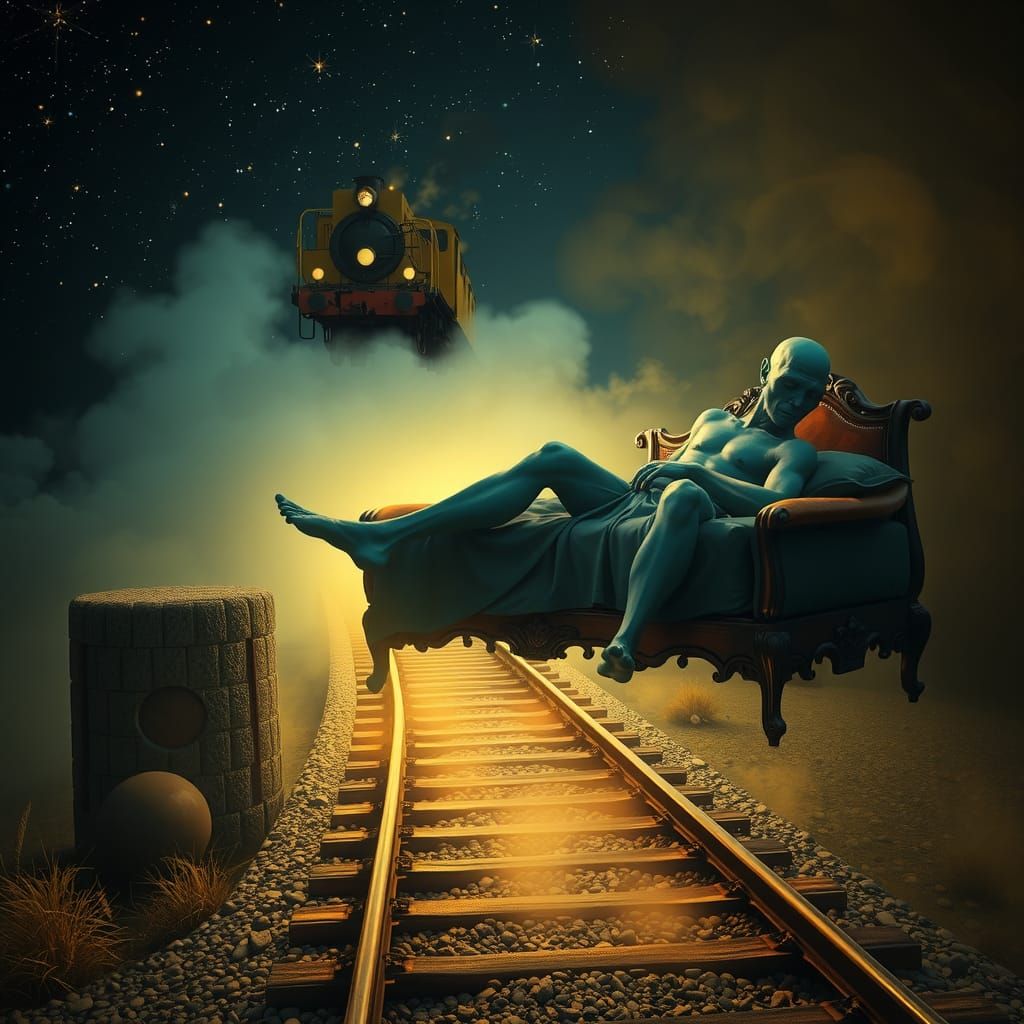 Alien on Antique Bed Above Railroad Track