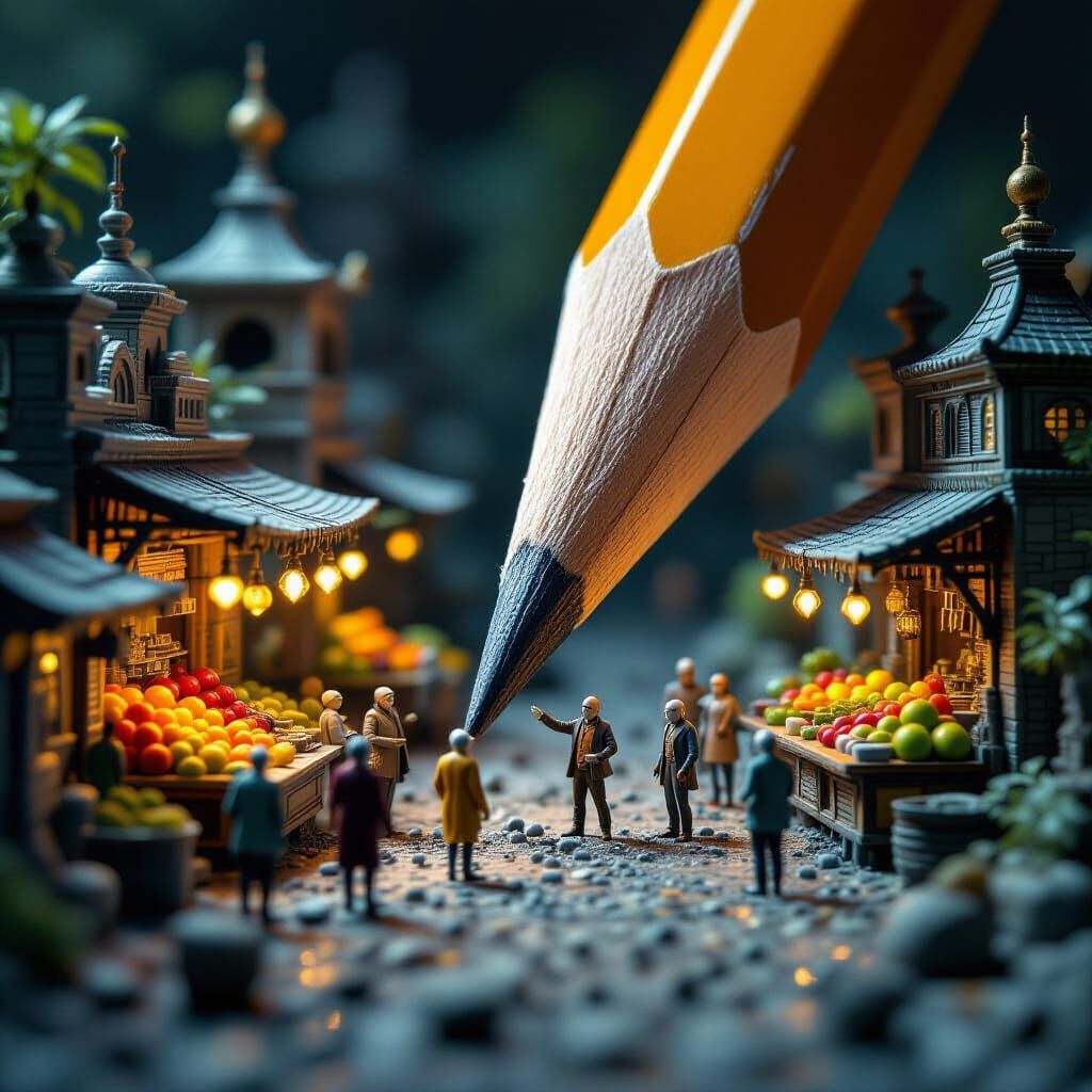 Pencil Tip Transforms into Alien Marketplace Diorama