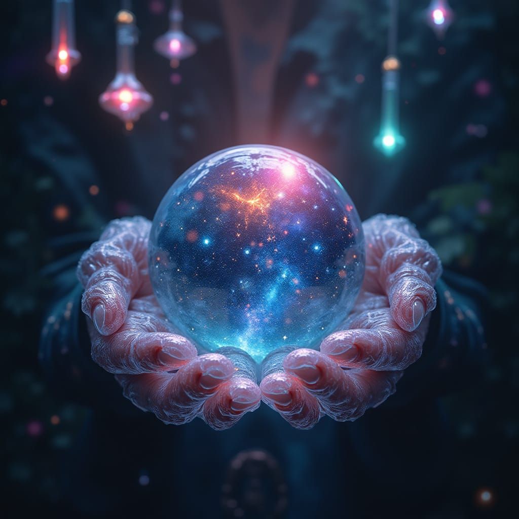 Delicate Glass Hands Cradle Vibrant Galaxy and Earth in a Ce...