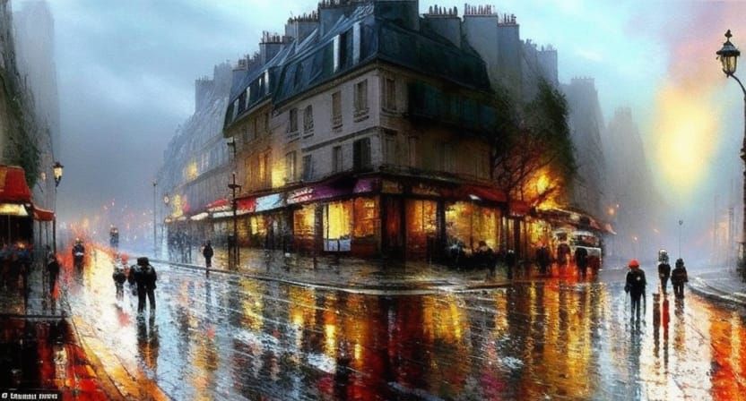Paris Crosswalk in Rain, Digital Art