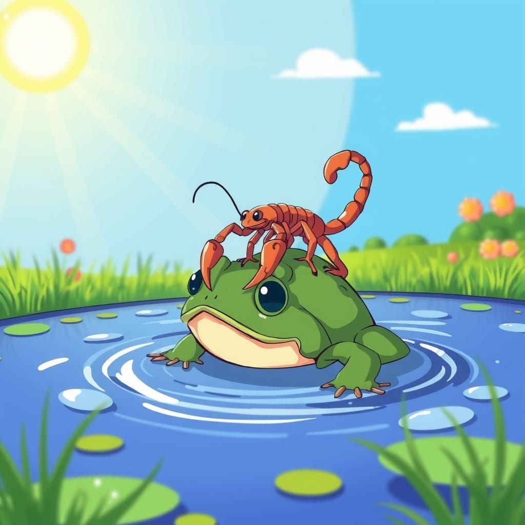 Animated Scorpion Riding Frog in Sunny Pond