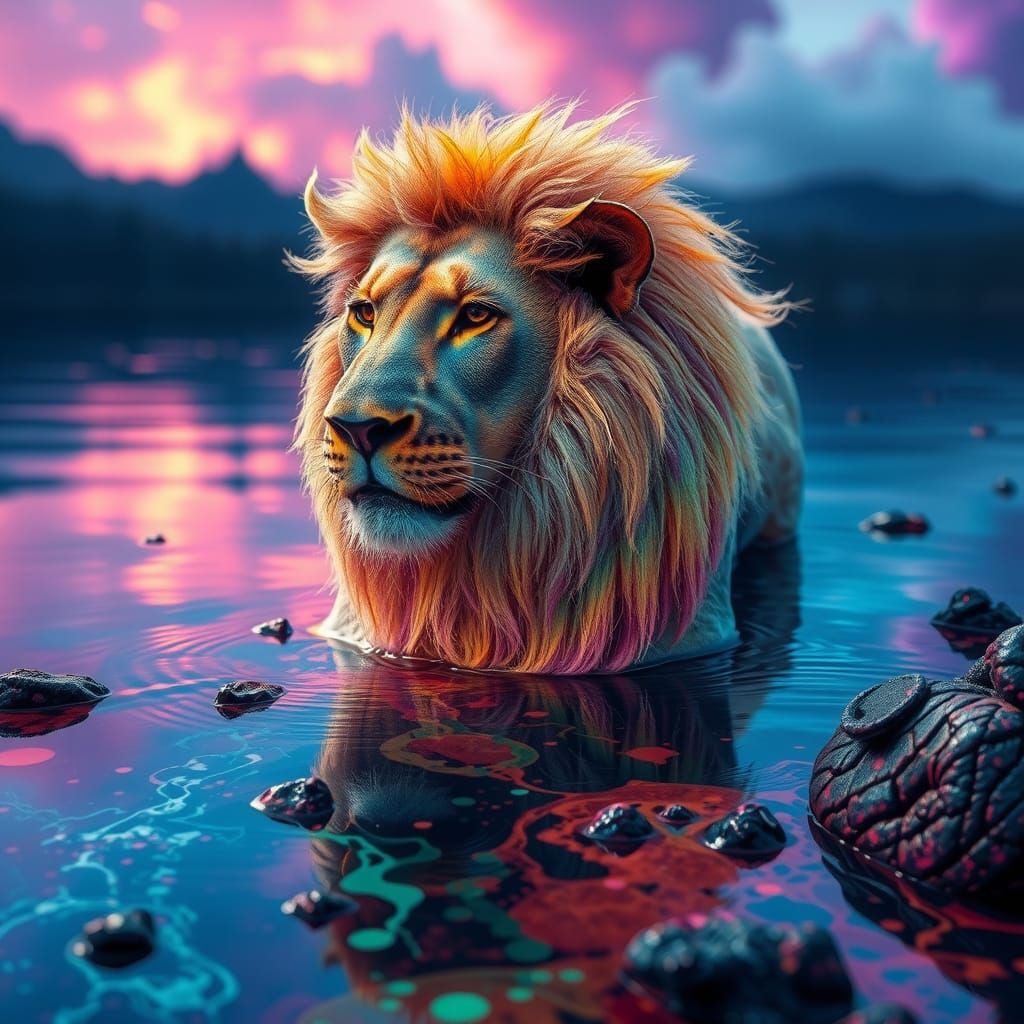 Surreal Lionpunk in Alcohol Ink and Newtonian Fluids