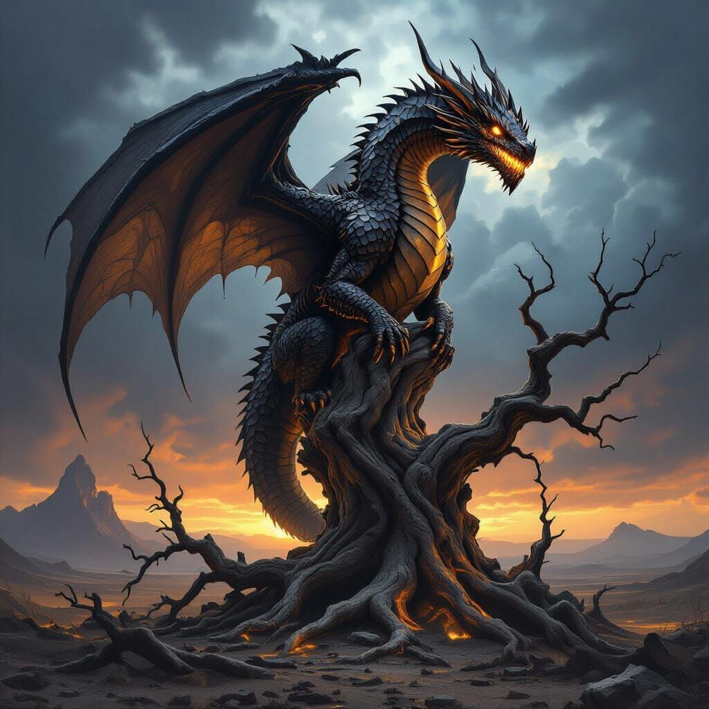 Ancient Obsidian Dragon on Petrified Tree in Stormy Landscap...