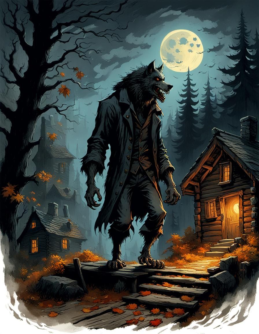 Werewolf at Spooky Cabin in Autumn Night