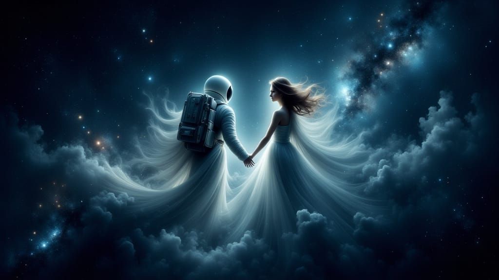 Ethereal Figures Embrace in Cosmic Ballet