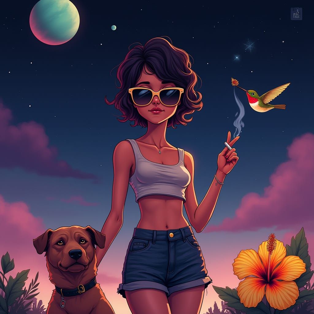 Girl with Dog in Dreamlike Night Sky